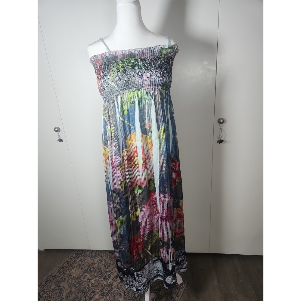 LAPIS FLORAL PRINT  BLUE GRAY DELICATE RUCHED SEQUIN TOP DRESS ONE SZ VTG